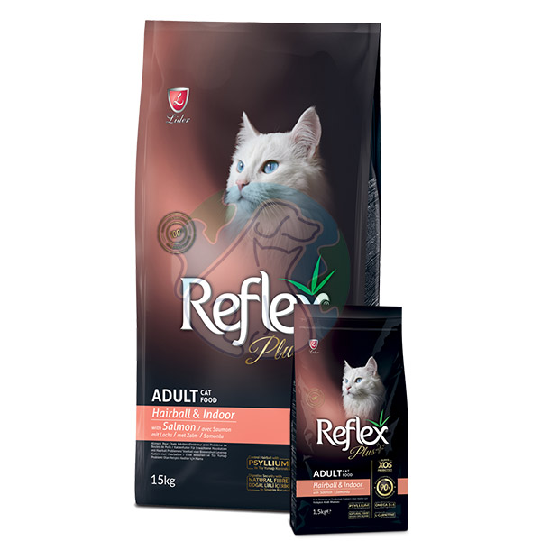 غذای گربه بالغ داخل خانه و هیربال با طعم سالمون reflex plus 1.5kg